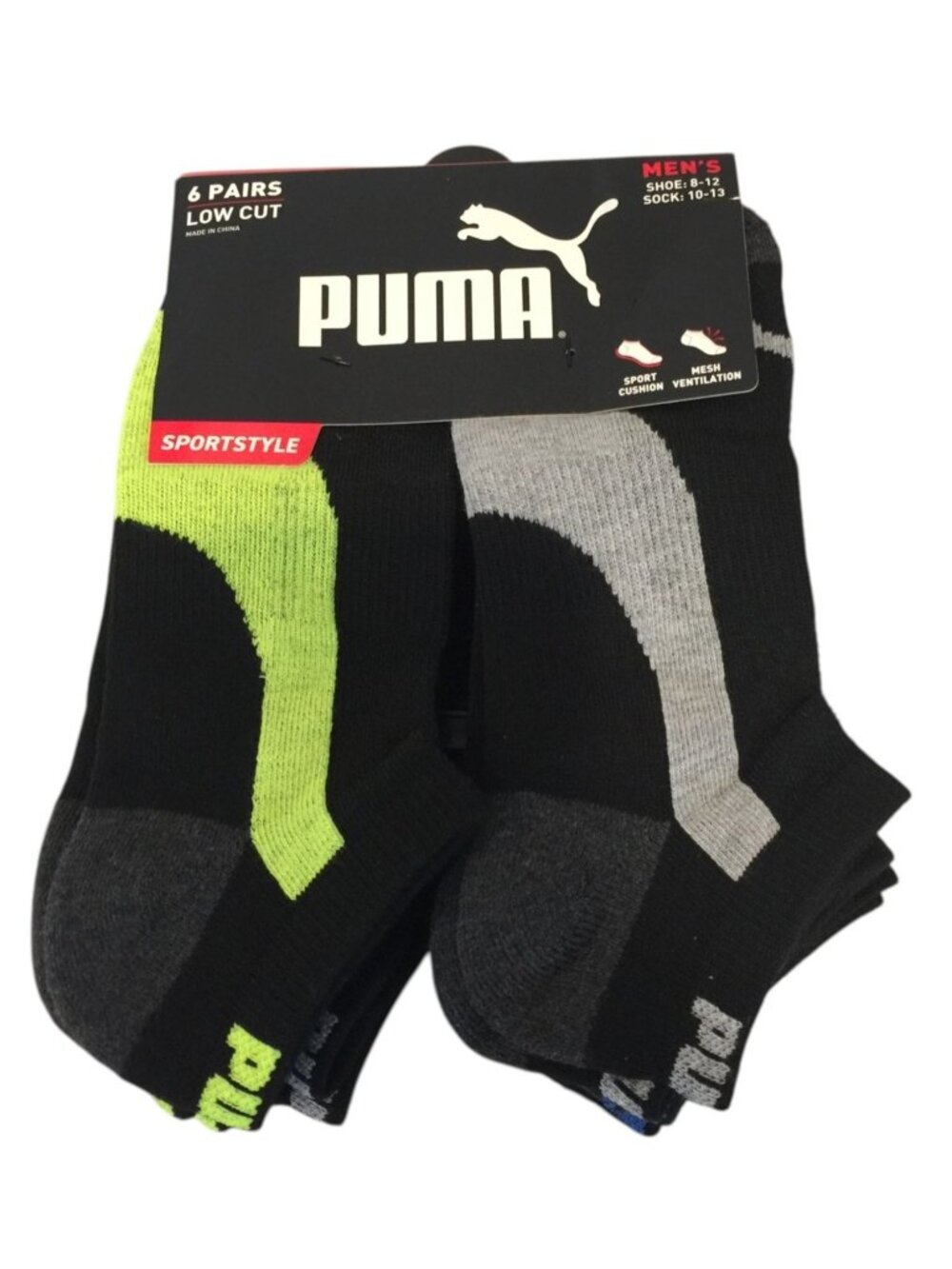 Puma Men's Sportstyle Low Cut Socks Size 10-13 Gray Blue Black Neon Green
